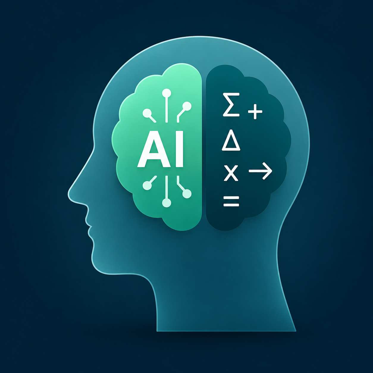A brain split into two halves inside a head silhouette — a green AI half shown as a connected-node network, and a teal formal-verification half shown with mathematical symbols