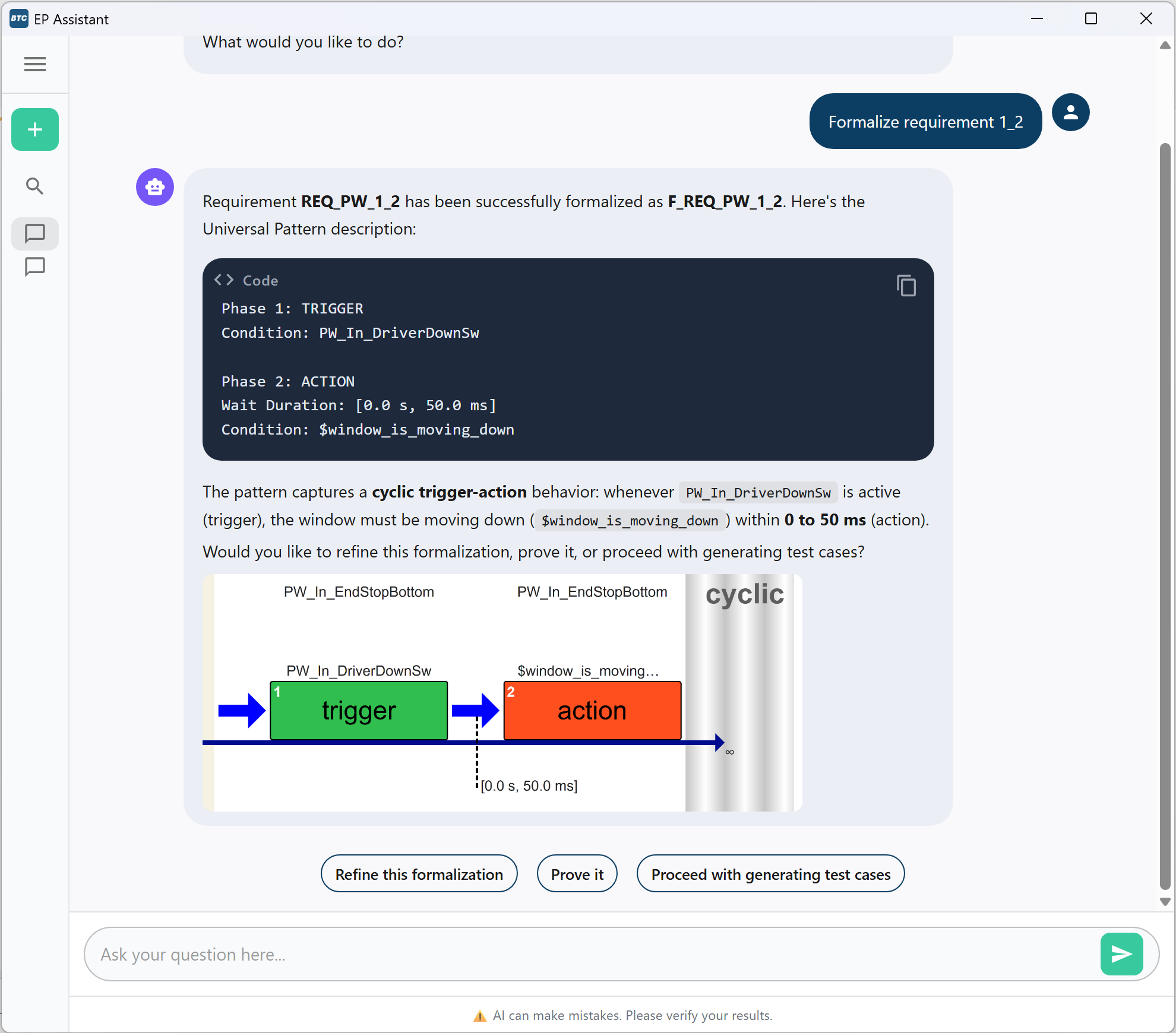 The BTC AI Assistant formalizing a written requirement into a Universal Pattern with trigger, action and timing.