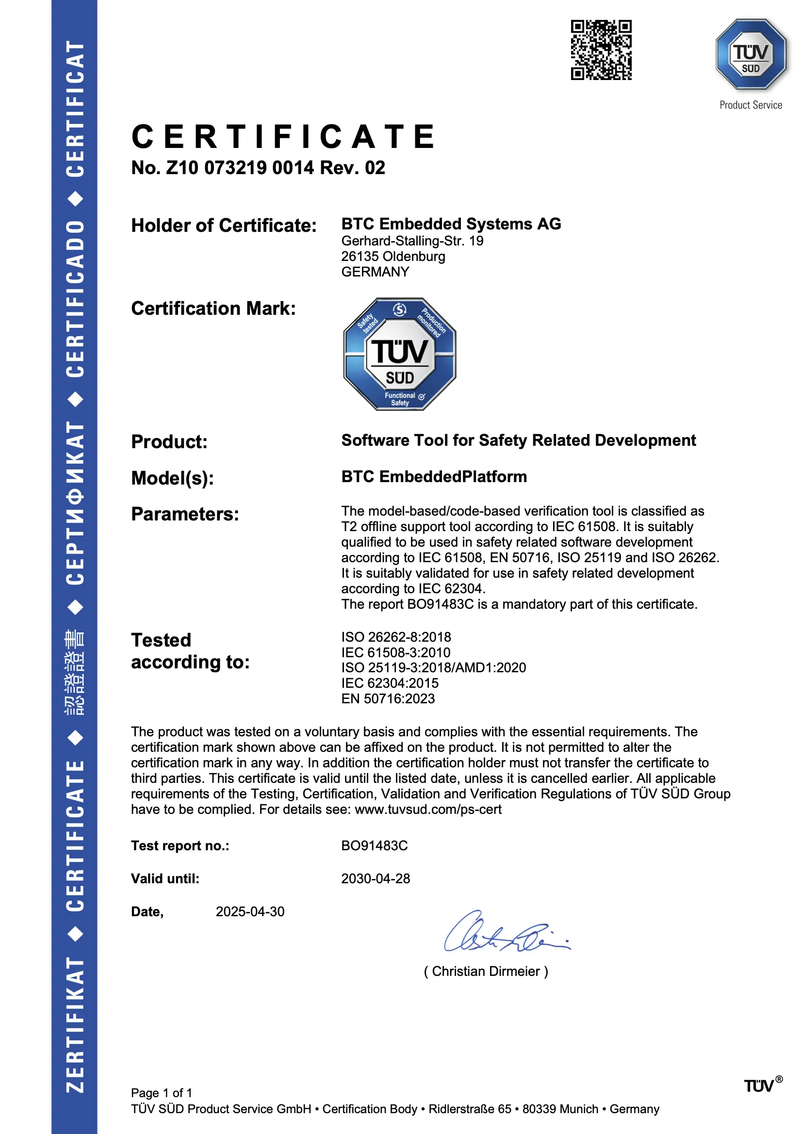 BTC TestStack ISO 26262 TÜV Süd tool qualification certificate