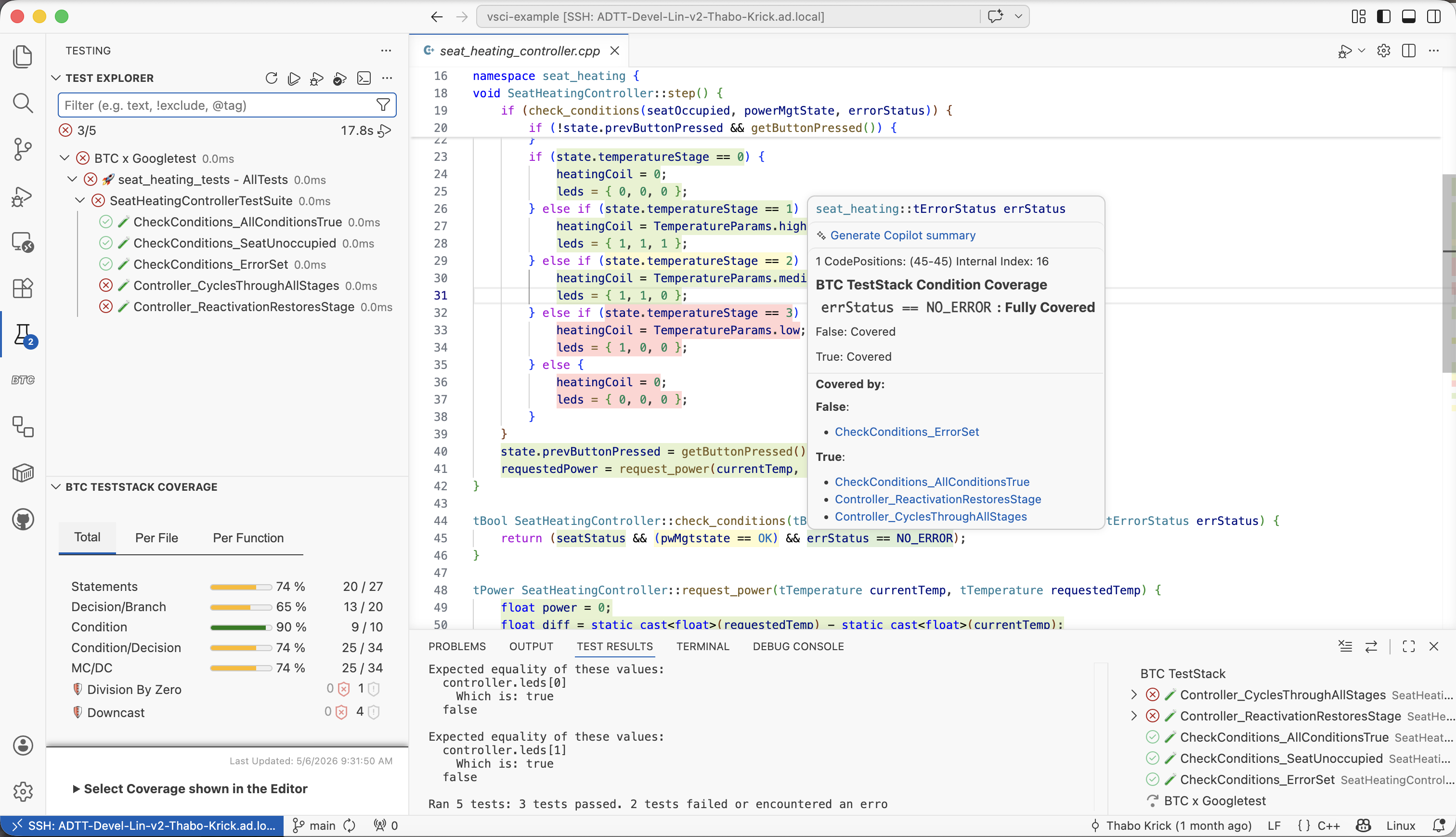 BTC TestStack running inside Visual Studio Code with MC/DC coverage, test results and code-level traceability.