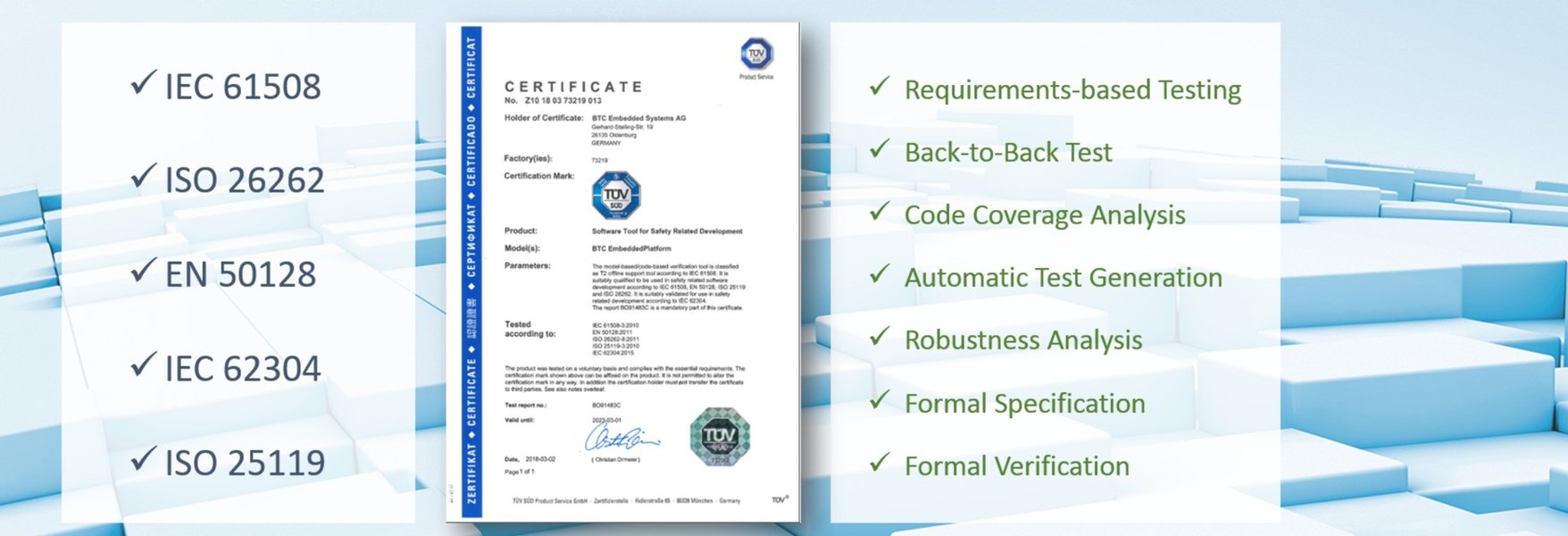 German TÜV Süd certifies BTC EmbeddedPlatform 2.11 certification graphic